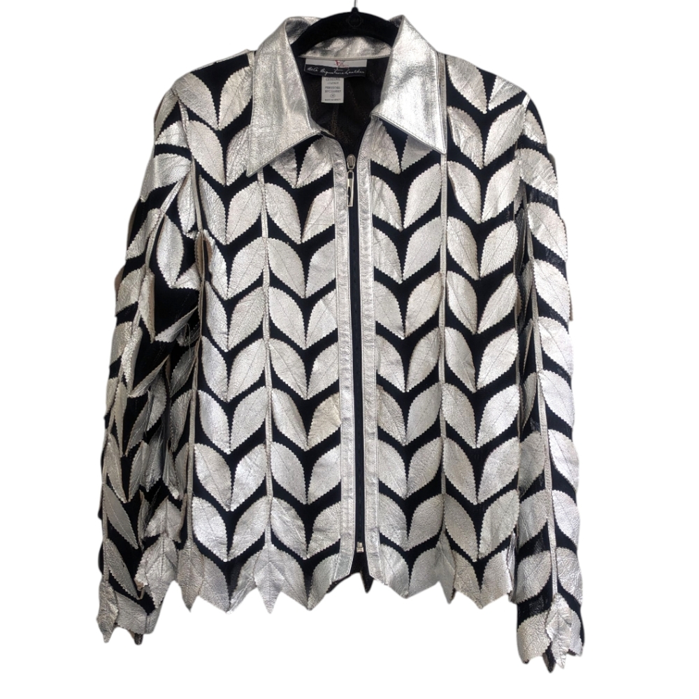 S & A Leathers Silver Leather Leaf Zip Jacket